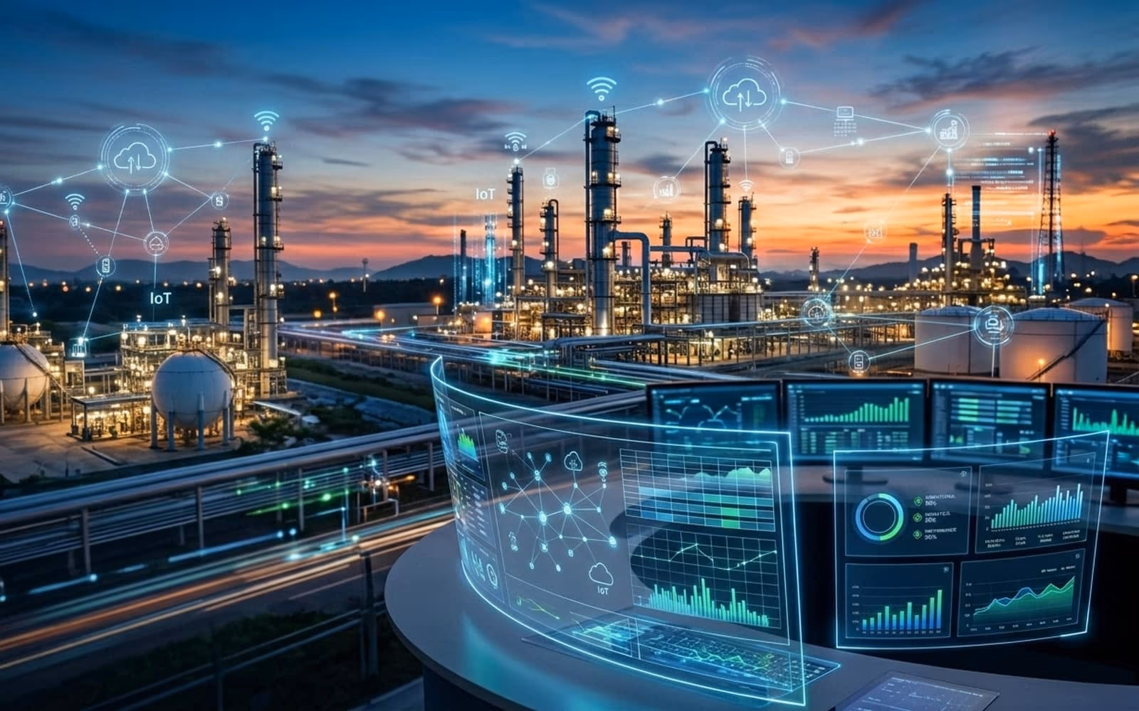 A refinery at dusk with storage tanks and process towers, seen from a control room.