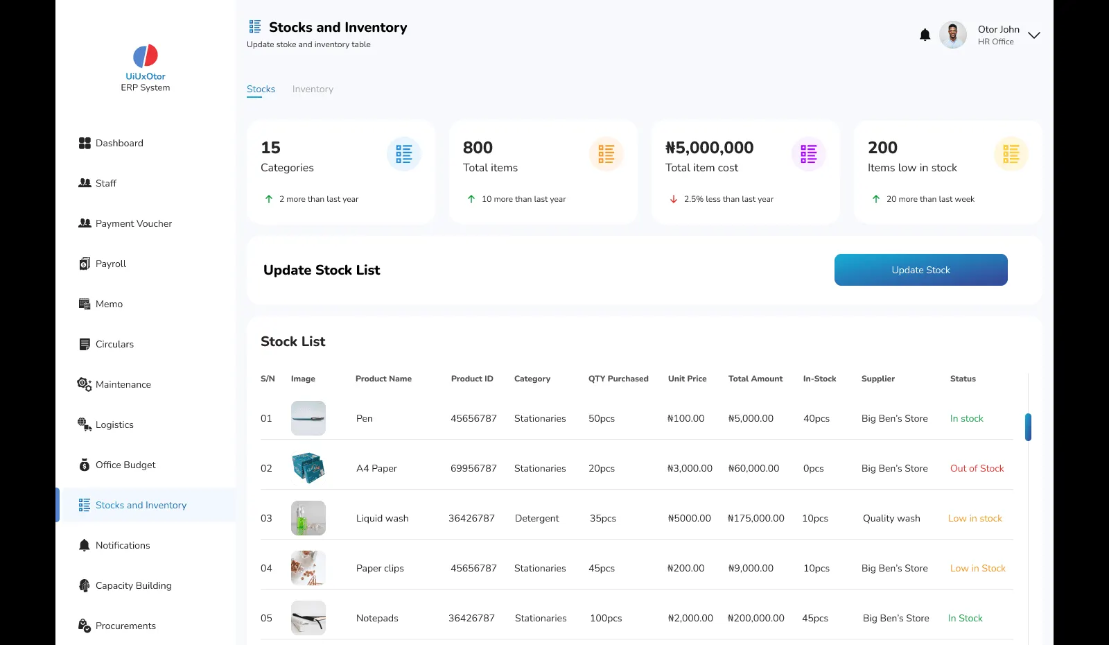 ERPeasy: Stocks and inventory screen