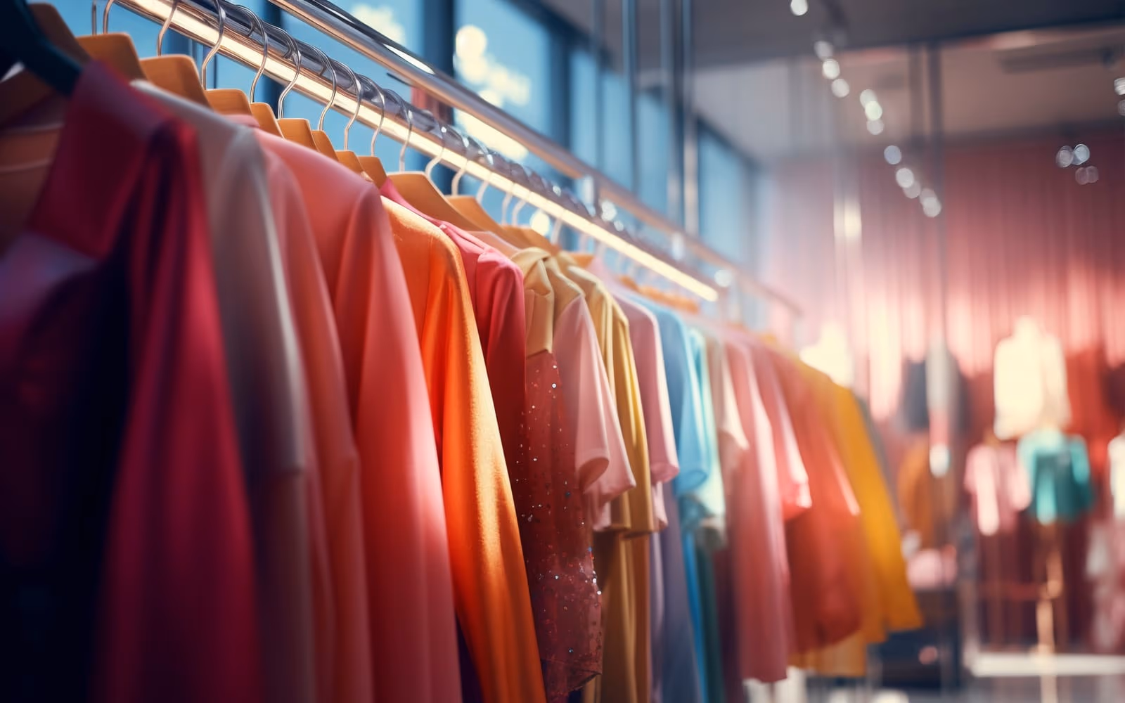 A rail of brightly colored garments on wooden hangers in a clothing store.