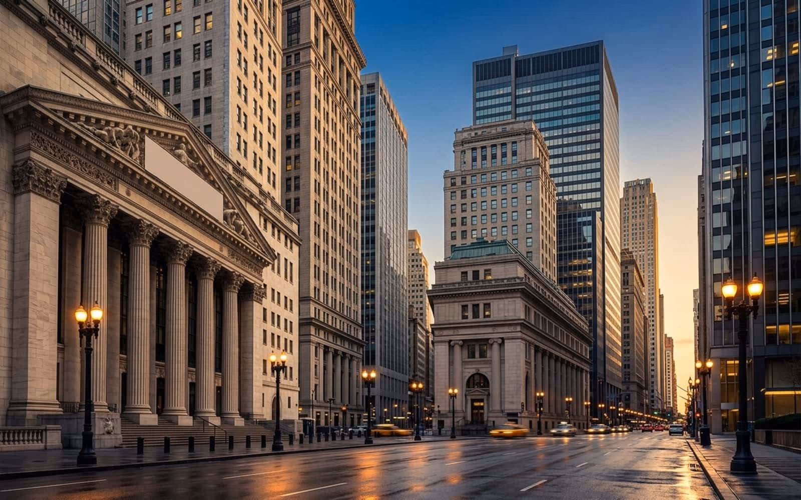 A city street at dusk lined with classical bank buildings and modern office towers.