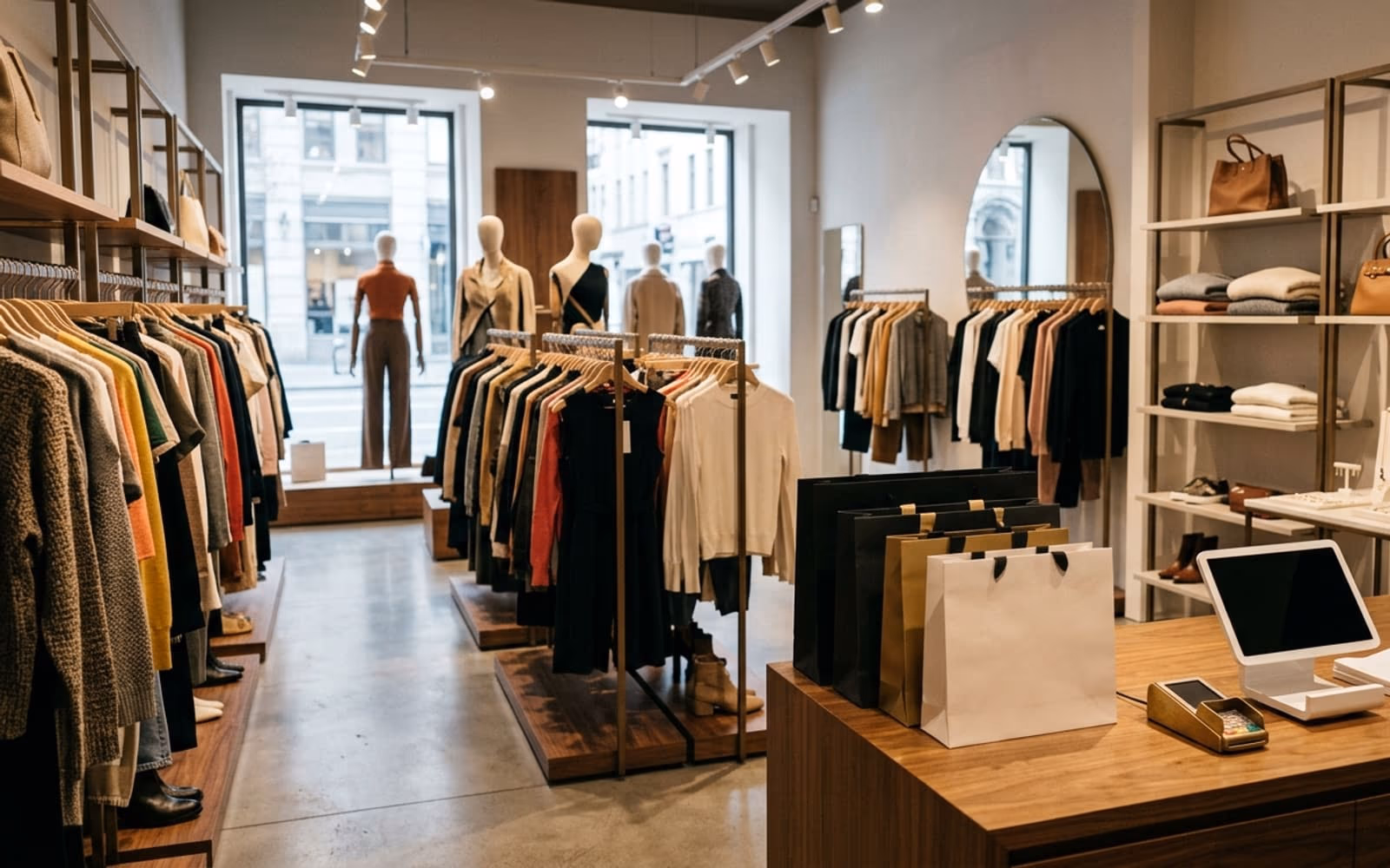 A boutique interior with clothing rails, shelved handbags and a wooden counter with a card terminal.