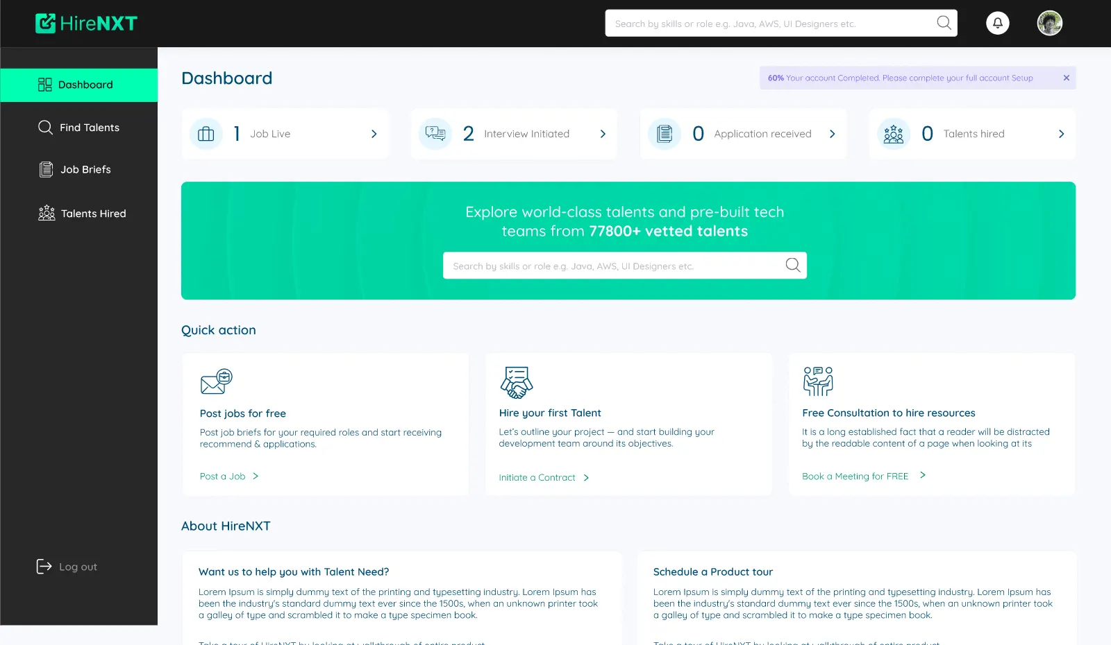 HireNXT: Customer dashboard screen