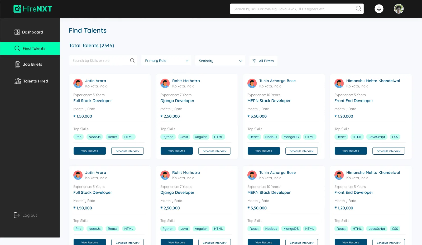 HireNXT: Find talents screen