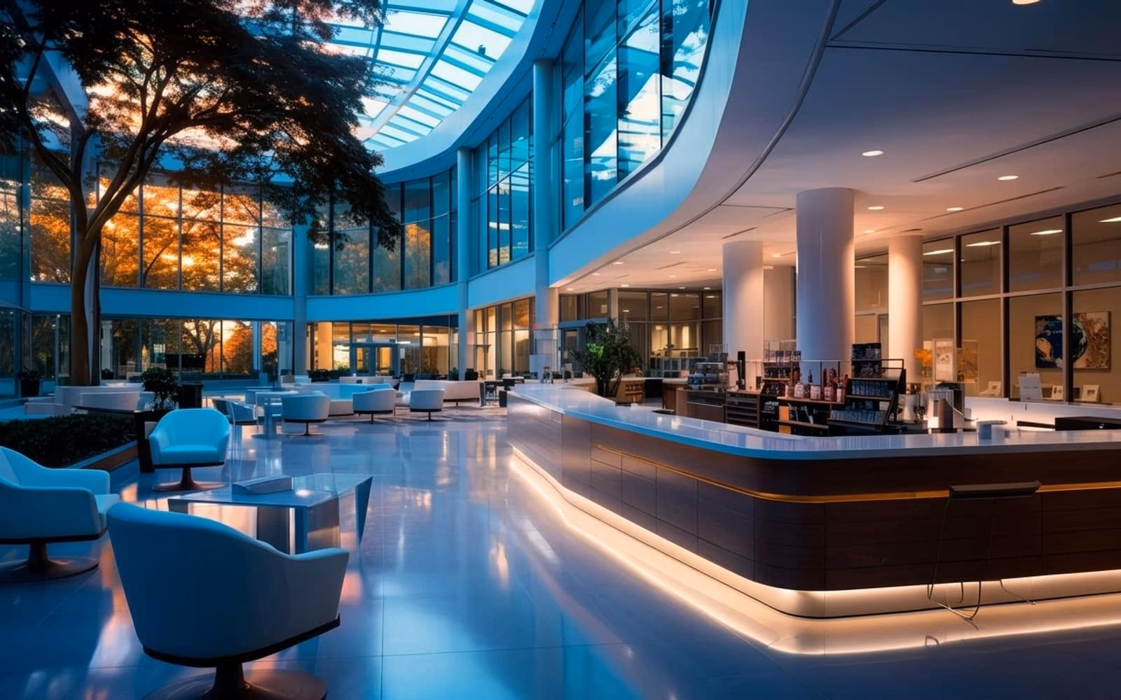 A hotel lobby at dusk with a long reception counter, lounge seating and a glass atrium ceiling.