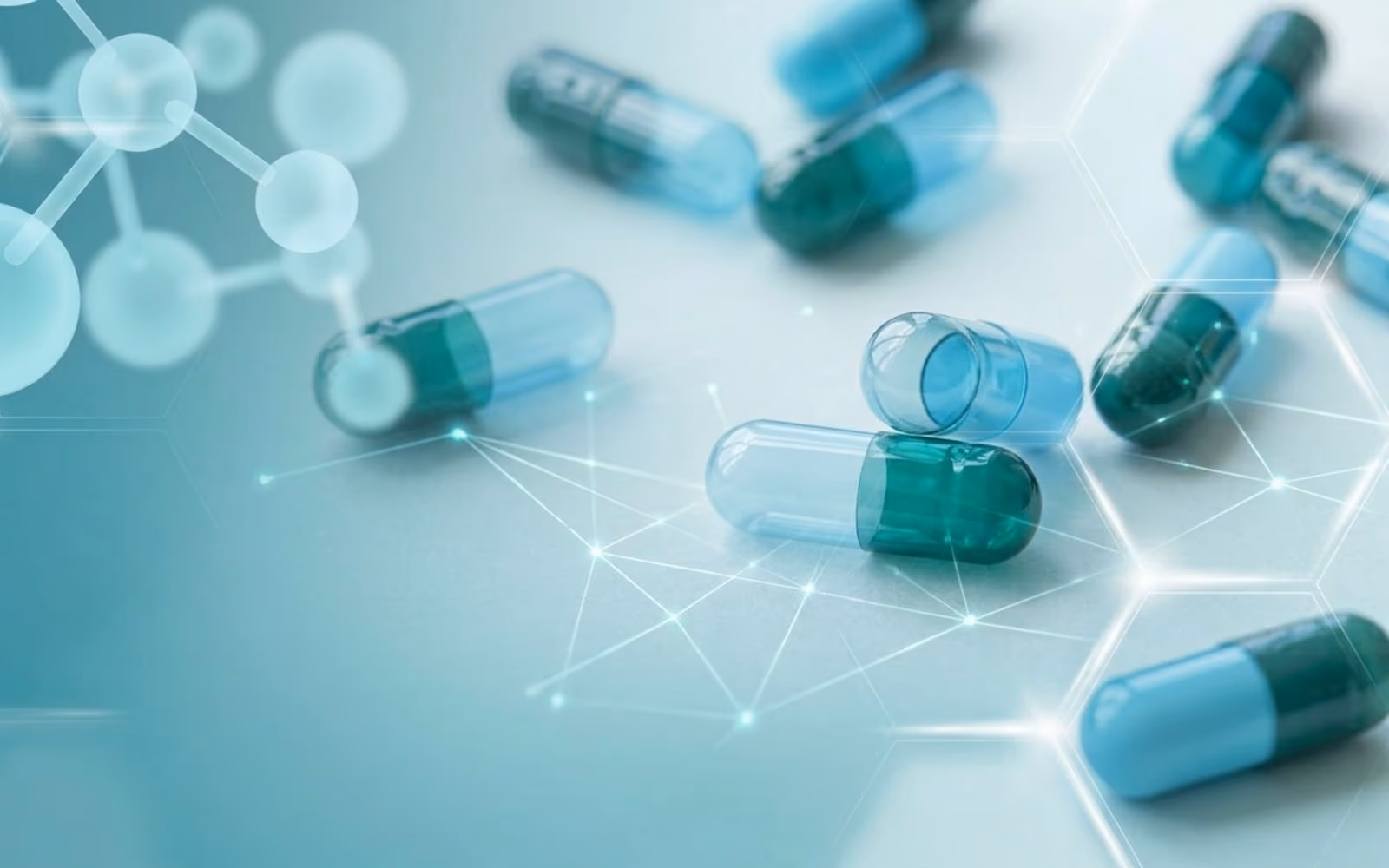 Blue and green pharmaceutical capsules on a pale surface with a molecular diagram overlaid.
