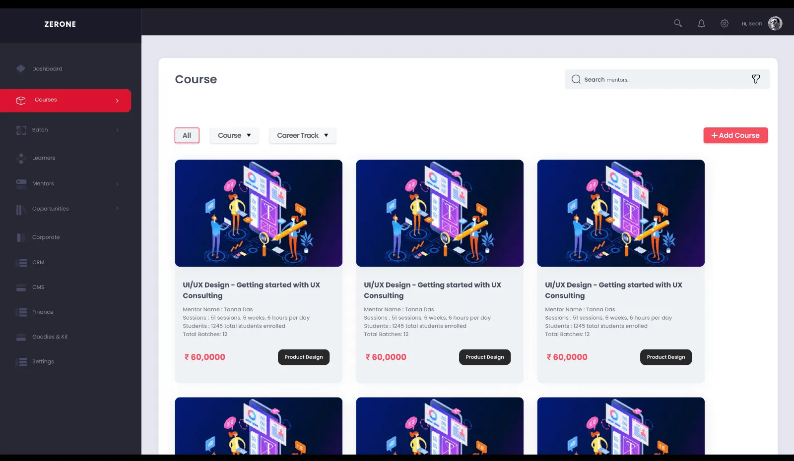 ProNinja: Course catalog screen